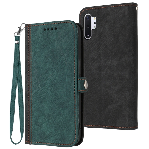 

For Samsung Galaxy Note10+ Side Buckle Double Fold Hand Strap Leather Phone Case(Dark Green)