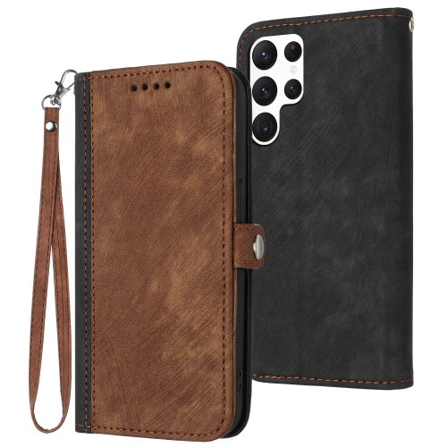 

For Samsung Galaxy S22 Ultra 5G Side Buckle Double Fold Hand Strap Leather Phone Case(Brown)