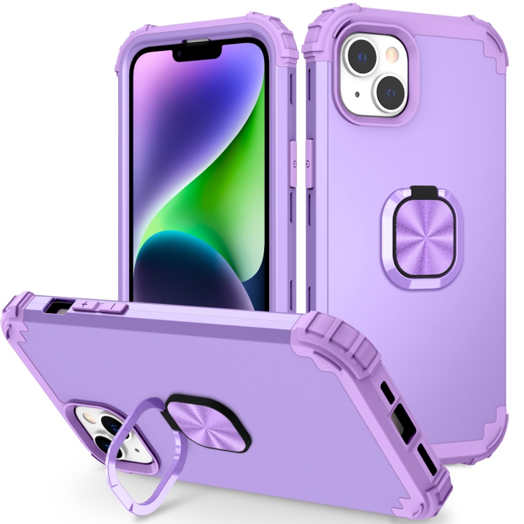 

For iPhone 14 Plus 3 in 1 Ring Holder Soft Silicone Hard PC Phone Case(Purple)