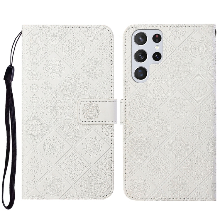 

For Samsung Galaxy S23 Ultra 5G Ethnic Style Embossed Pattern Leather Phone Case(White)
