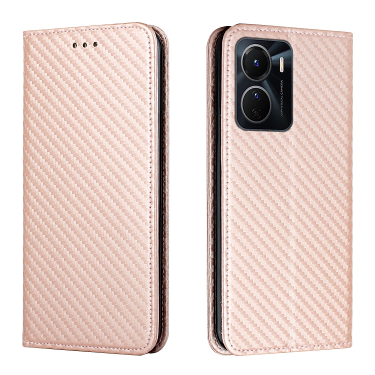

For vivo Y16 Carbon Fiber Texture Magnetic Flip Leather Phone Case(Rose Gold)