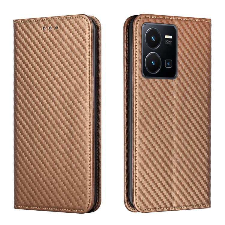 

For vivo Y22s Carbon Fiber Texture Magnetic Flip Leather Phone Case(Brown)