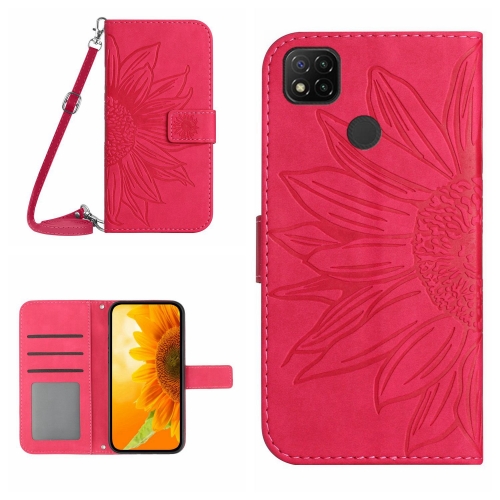 

For Xiaomi Redmi 9C / Poco C3 Skin Feel Sun Flower Pattern Flip Leather Phone Case with Lanyard(Rose Red)