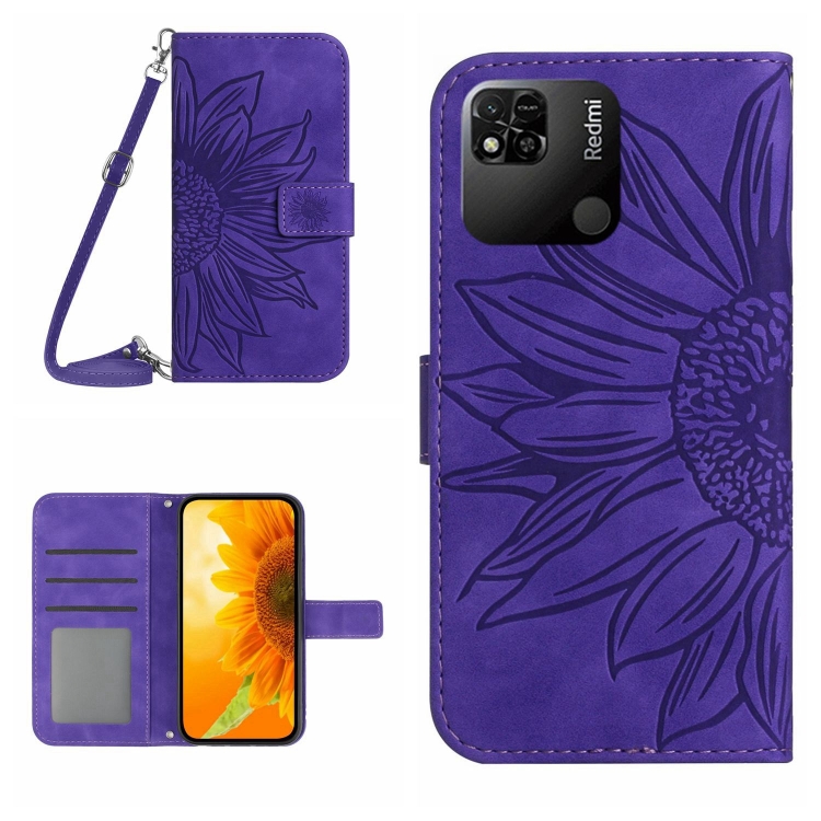 

For Xiaomi Redmi 10A Skin Feel Sun Flower Pattern Flip Leather Phone Case with Lanyard(Dark Purple)
