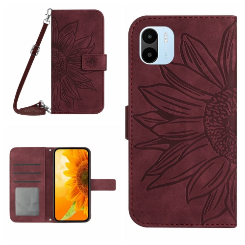 

For Xiaomi Redmi A1 Skin Feel Sun Flower Pattern Flip Leather Phone Case with Lanyard(Wine Red)