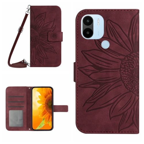 

For Xiaomi Redmi A1+ Skin Feel Sun Flower Pattern Flip Leather Phone Case with Lanyard(Wine Red)