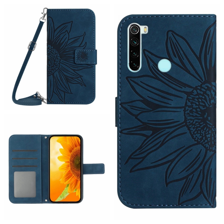 

For Xiaomi Redmi Note 8 / Note 8 2021 Skin Feel Sun Flower Pattern Flip Leather Phone Case with Lanyard(Inky Blue)