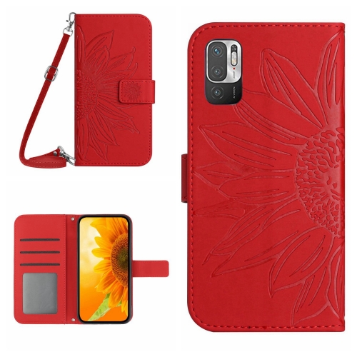 

For Xiaomi Redmi Note 10 5G / Note 10T 5G / Poco M3 Pro Skin Feel Sun Flower Pattern Flip Leather Phone Case with Lanyard(Red)