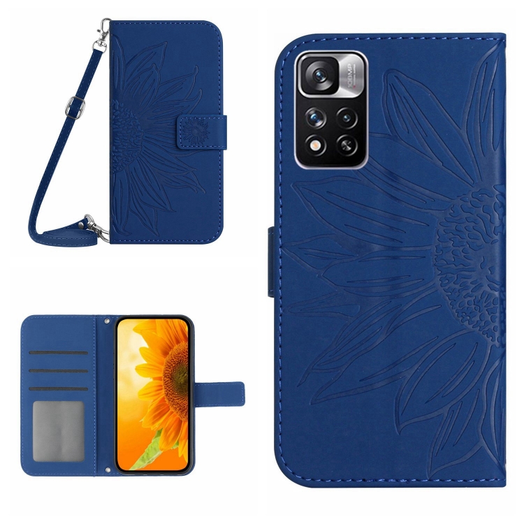 

For Xiaomi Redmi Note 11 Pro 5G Skin Feel Sun Flower Pattern Flip Leather Phone Case with Lanyard(Dark Blue)
