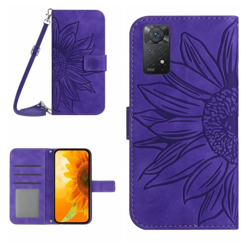 

For Xiaomi Redmi Note 11 Global / Note 11s Skin Feel Sun Flower Pattern Flip Leather Phone Case with Lanyard(Dark Purple)