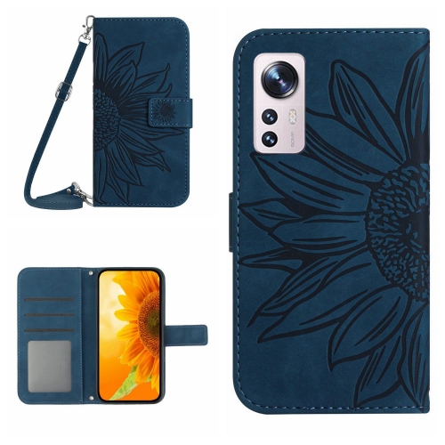 

For Xiaomi 12 Pro Skin Feel Sun Flower Pattern Flip Leather Phone Case with Lanyard(Inky Blue)