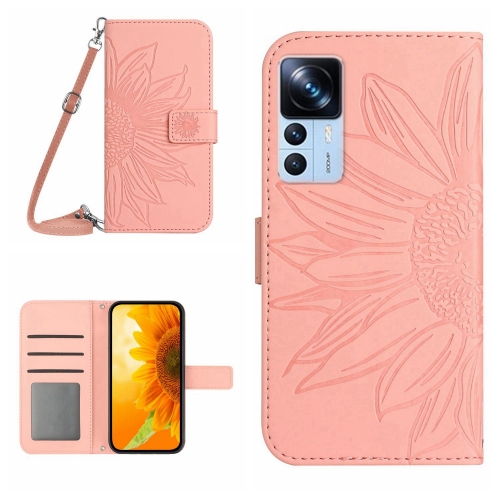 

For Xiaomi 12T / 12T Pro Skin Feel Sun Flower Pattern Flip Leather Phone Case with Lanyard(Pink)