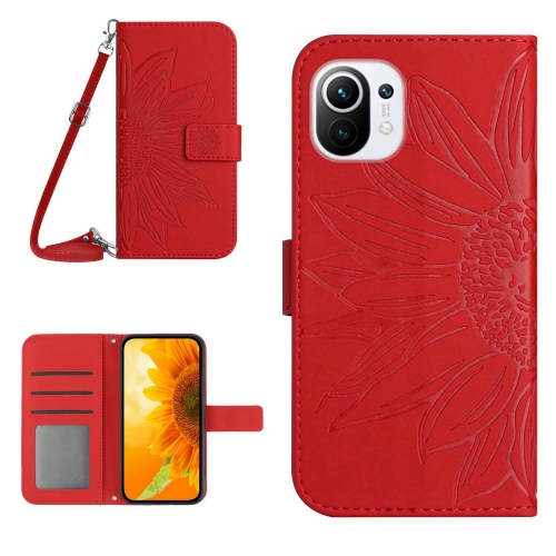 

For Xiaomi Mi 11 Lite Skin Feel Sun Flower Pattern Flip Leather Phone Case with Lanyard(Red)