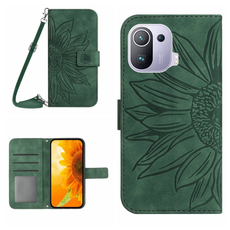 

For Xiaomi Mi 11 Pro Skin Feel Sun Flower Pattern Flip Leather Phone Case with Lanyard(Green)