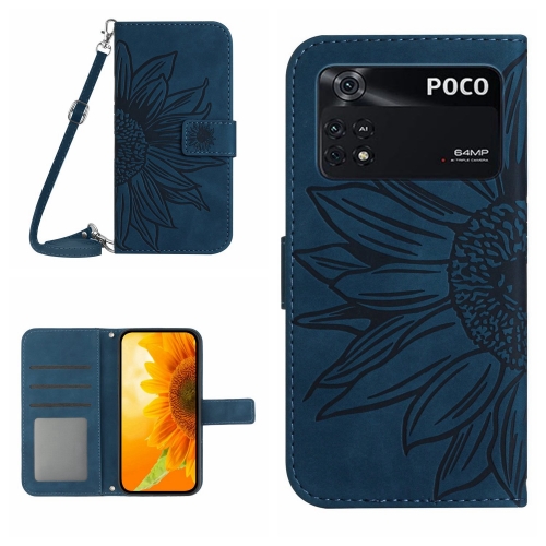 

For Xiaomi Poco M4 Pro 4G Skin Feel Sun Flower Pattern Flip Leather Phone Case with Lanyard(Inky Blue)