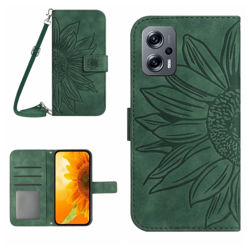 

For Xiaomi Poco X4 GT Skin Feel Sun Flower Pattern Flip Leather Phone Case with Lanyard(Green)
