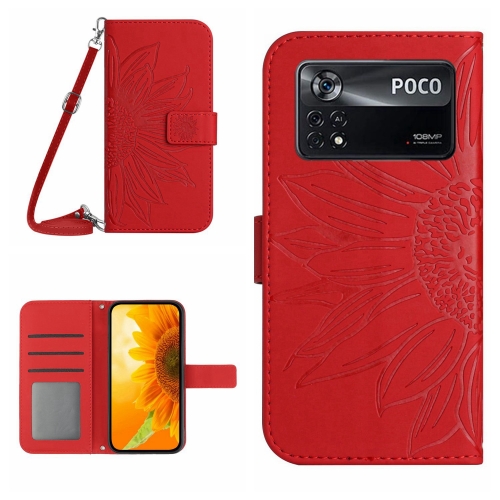 

For Xiaomi Poco X4 Pro 5G Skin Feel Sun Flower Pattern Flip Leather Phone Case with Lanyard(Red)