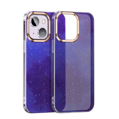 

For iPhone 14 Watercolor Series Glitter Transparent Phone Case(Ink Blue)