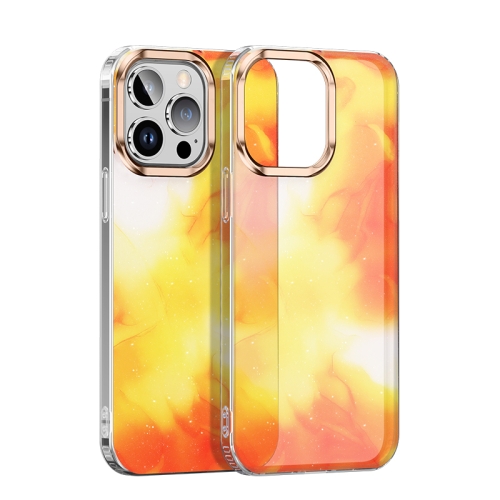 

For iPhone 12 Watercolor Series Glitter Transparent Phone Case(Orange Yellow)