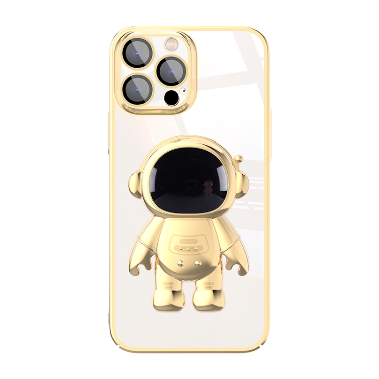 

For iPhone 14 Plus Electroplating PC Astronaut Holder Phone Case with Lens Film(Gold)
