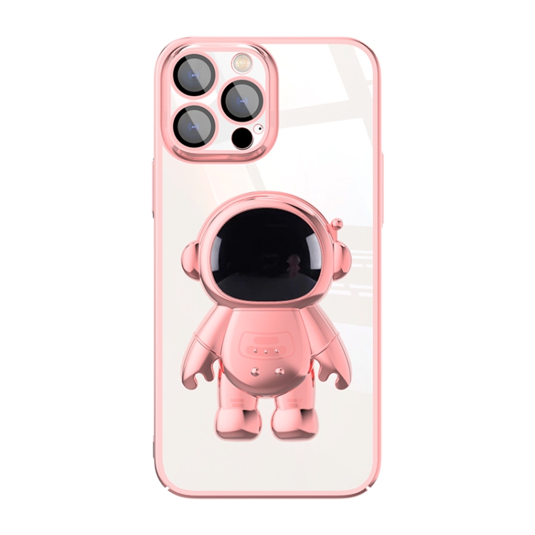 

For iPhone 13 Electroplating PC Astronaut Holder Phone Case with Lens Film(Pink)