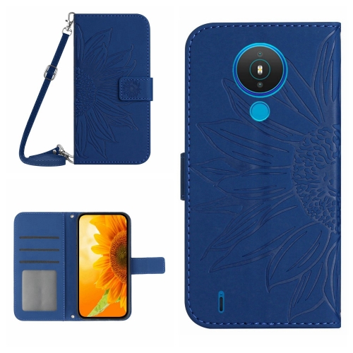 

For Nokia 1.4 Skin Feel Sun Flower Pattern Flip Leather Phone Case with Lanyard(Dark Blue)