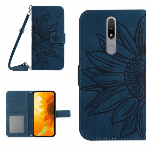 

For Nokia 2.4 Skin Feel Sun Flower Pattern Flip Leather Phone Case with Lanyard(Inky Blue)