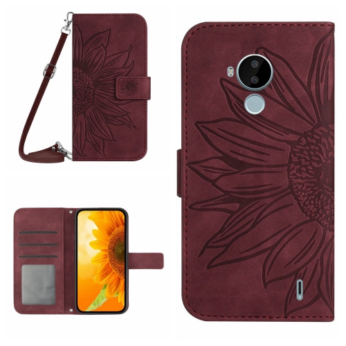 

For Nokia C30 Skin Feel Sun Flower Pattern Flip Leather Phone Case with Lanyard(Wine Red)
