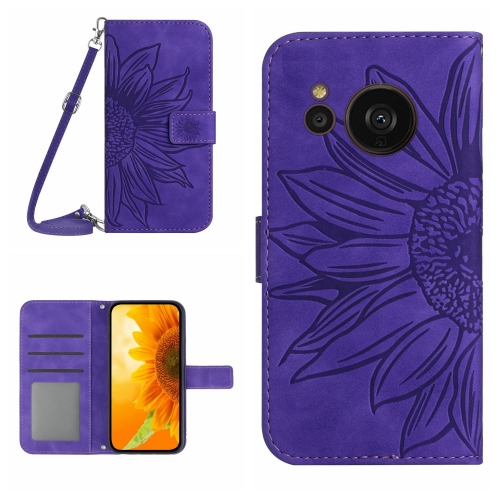 

For Sharp Aquos Sense7 SH-V48 HT04 Skin Feel Sun Flower Pattern Flip Leather Phone Case with Lanyard(Dark Purple)