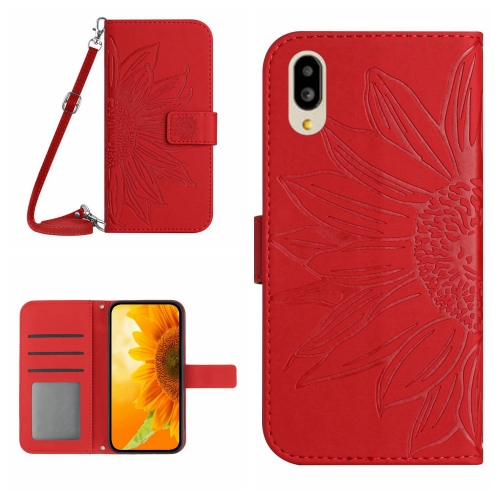 

For Sharp Simple Sumaho 6 Skin Feel Sun Flower Pattern Flip Leather Phone Case with Lanyard(Red)