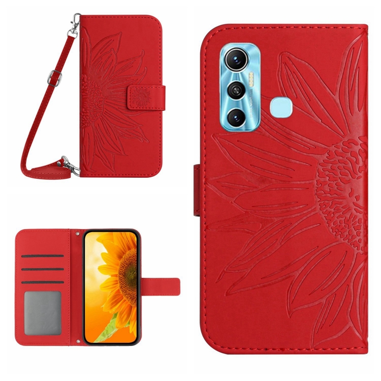 

For Infinix Hot 11 Skin Feel Sun Flower Pattern Flip Leather Phone Case with Lanyard(Red)