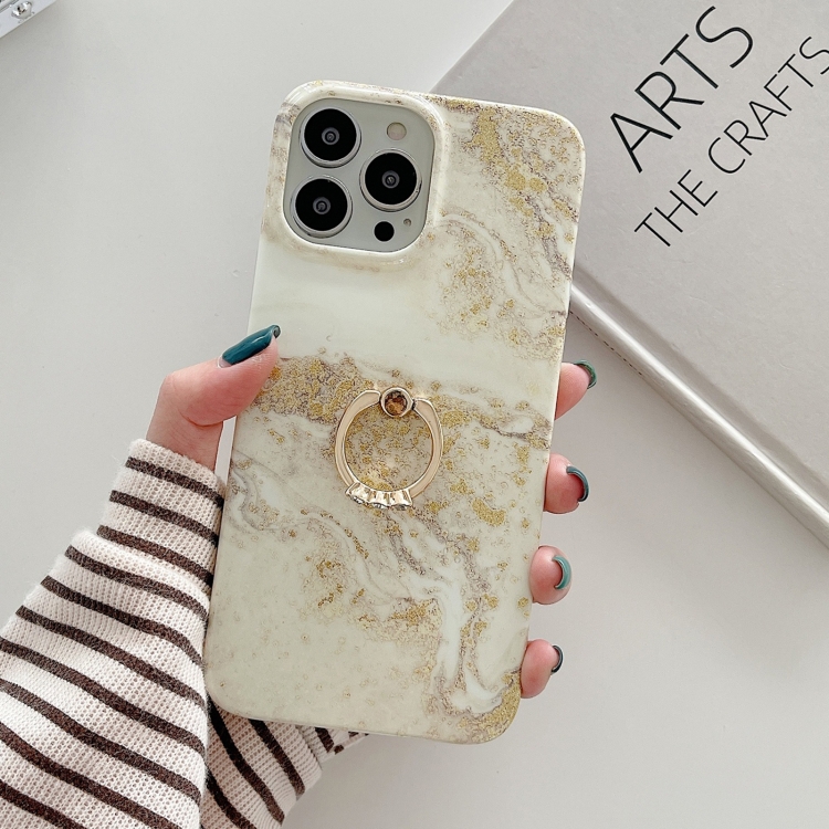 

For iPhone 14 Pro Ring Holder Glitter Powder Marble Phone Case(Grey Platinum)