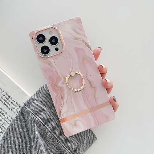 

For iPhone 14 Pro Ring Holder Square Plating Gold Edge Phone Case(Quicksand Pink)