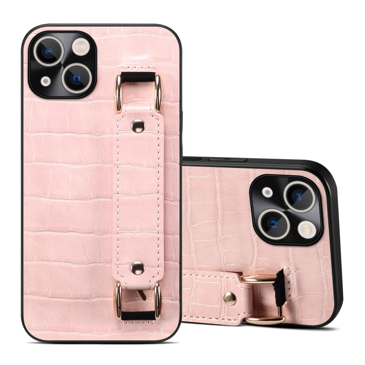 

For iPhone 14 Plus Crocodile Wristband Wallet Leather Back Cover Phone Case(Pink)