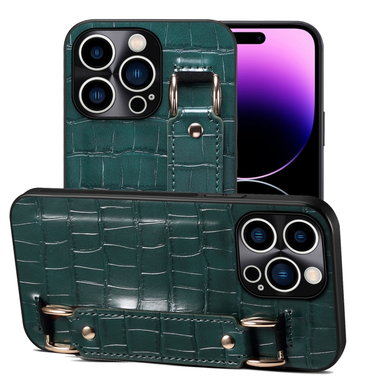 

For iPhone 14 Pro Crocodile Wristband Wallet Leather Back Cover Phone Case(Dark Green)