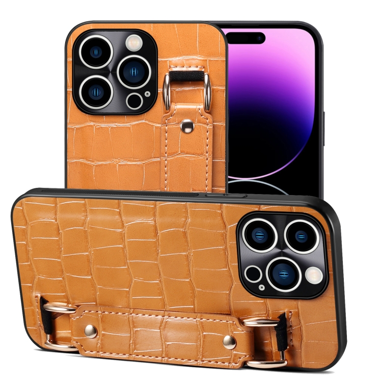 

For iPhone 14 Pro Max Crocodile Wristband Wallet Leather Back Cover Phone Case(Brown)
