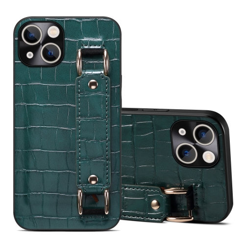 

For iPhone 13 Crocodile Wristband Wallet Leather Back Cover Phone Case(Dark Green)