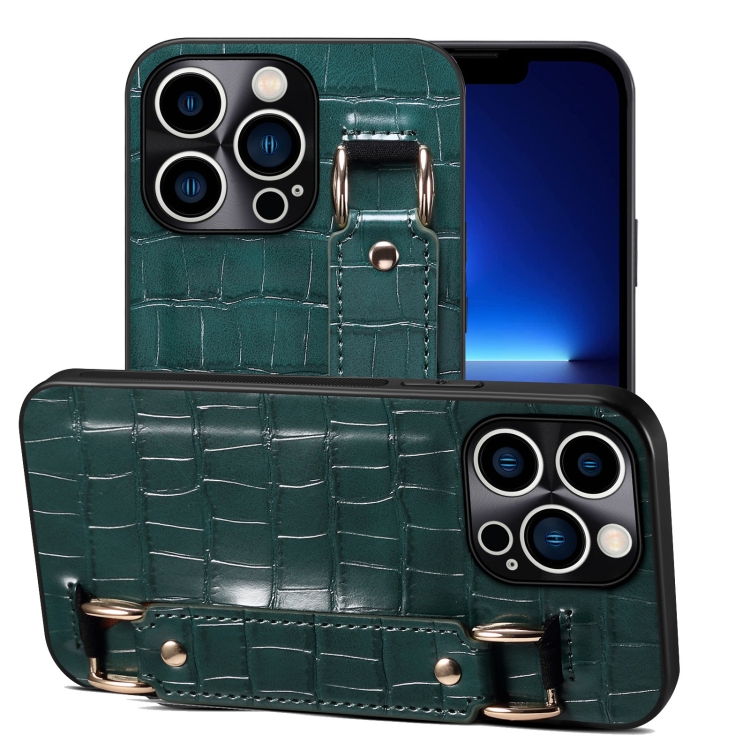 

For iPhone 13 Pro Crocodile Wristband Wallet Leather Back Cover Phone Case(Dark Green)