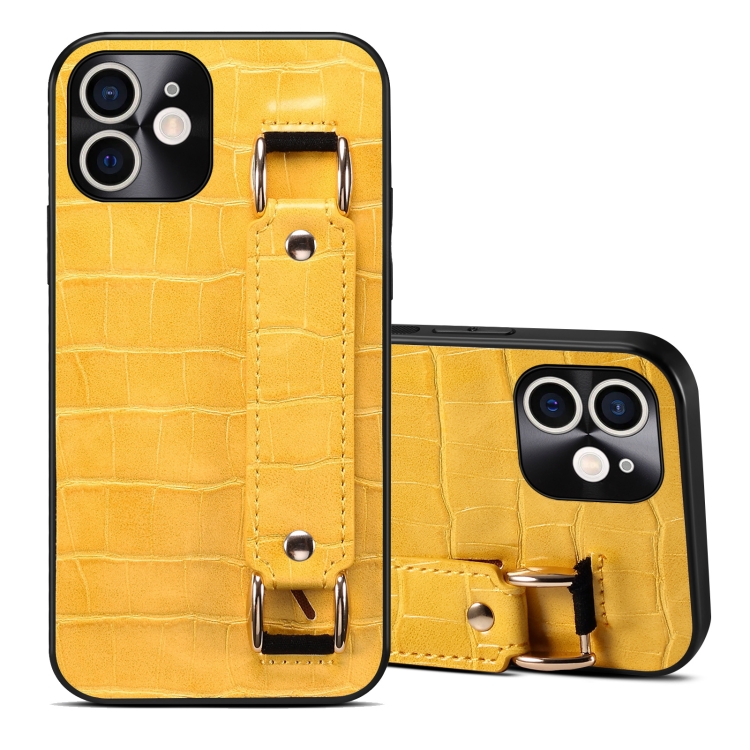 

For iPhone 12 Crocodile Wristband Wallet Leather Back Cover Phone Case(Yellow)