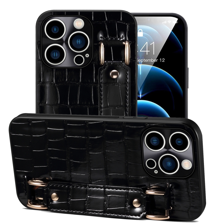 

For iPhone 12 Pro Crocodile Wristband Wallet Leather Back Cover Phone Case(Black)