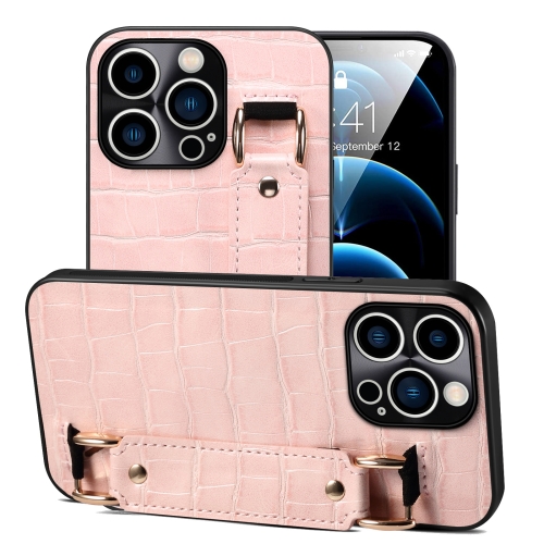 

For iPhone 12 Pro Crocodile Wristband Wallet Leather Back Cover Phone Case(Pink)