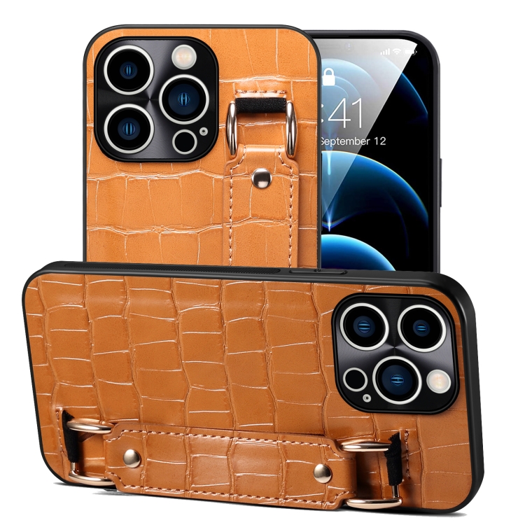 

For iPhone 12 Pro Max Crocodile Wristband Wallet Leather Back Cover Phone Case(Brown)
