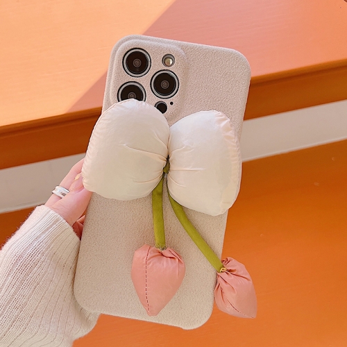 For iPhone 14 Tulip Woolen Phone Case(White)
