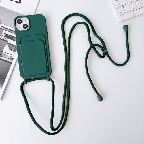 

For iPhone 13 Crossbody Lanyard Elastic Silicone Card Holder Phone Case(Dark Green)