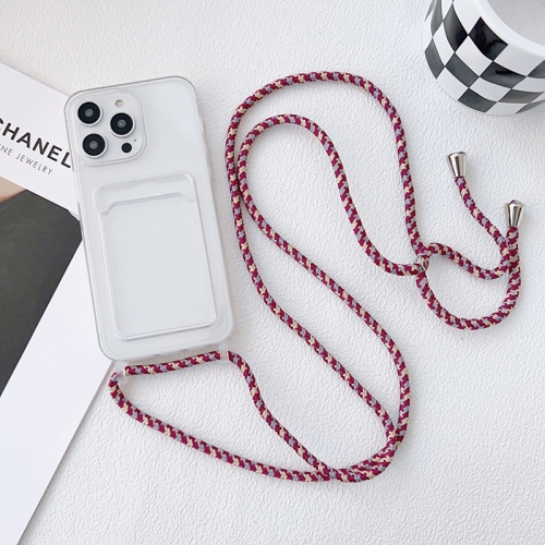 For iPhone 14 Crossbody Lanyard Elastic Transparent Card Holder Phone Case(Red White Purple)