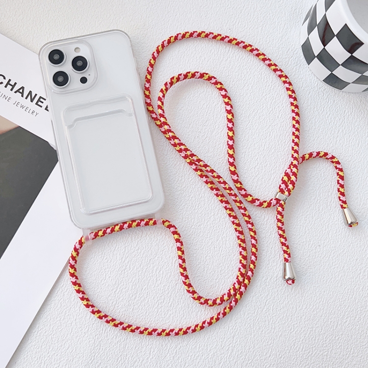 

For iPhone 14 Plus Crossbody Lanyard Elastic Transparent Card Holder Phone Case(Red White)