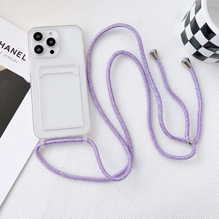 

For iPhone 13 Pro Max Crossbody Lanyard Elastic Transparent Card Holder Phone Case(Purple)