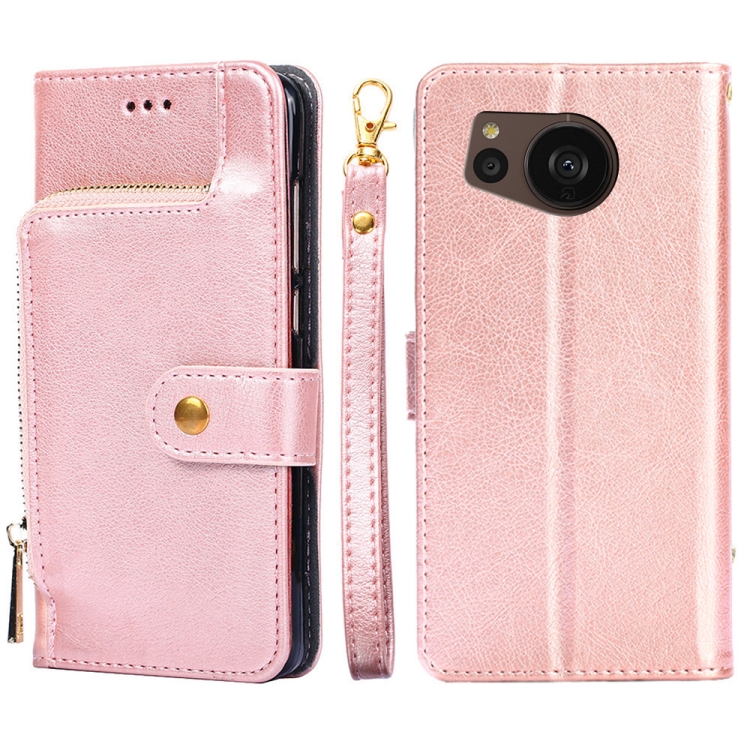 

For Sharp Aquos sense7 Plus Zipper Bag Leather Phone Case(Rose Gold)