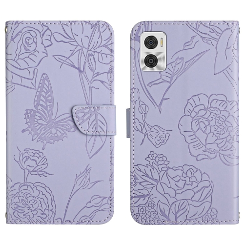 

For Motorola Moto E22 4G HT03 Skin Feel Butterfly Embossed Flip Leather Phone Case(Purple)