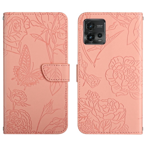 

For Motorola Moto G72 4G HT03 Skin Feel Butterfly Embossed Flip Leather Phone Case(Pink)